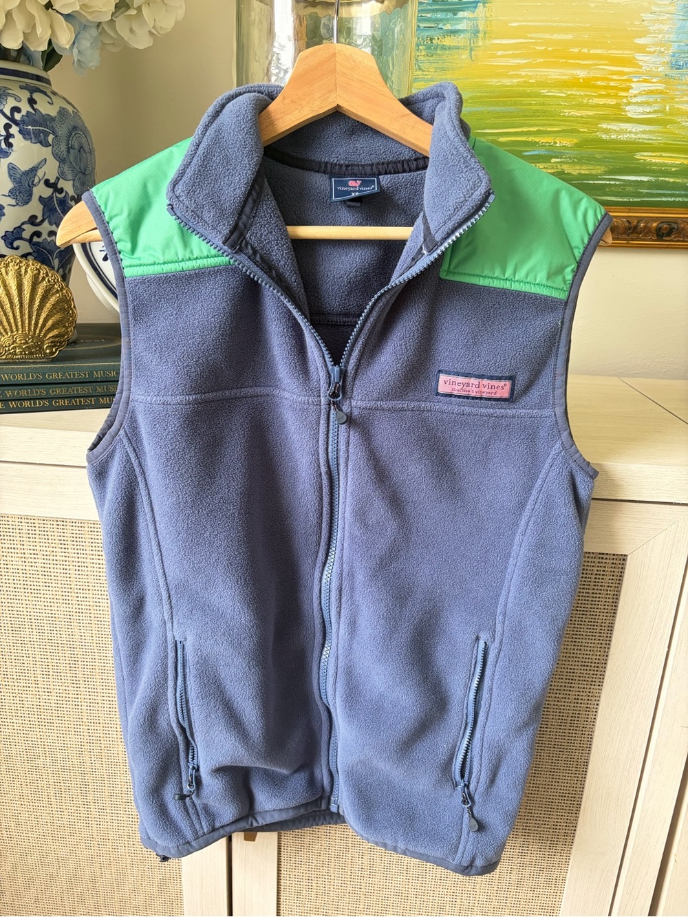 Vineyard Vines Navy Fleece Vest with Green Shoulder Panels